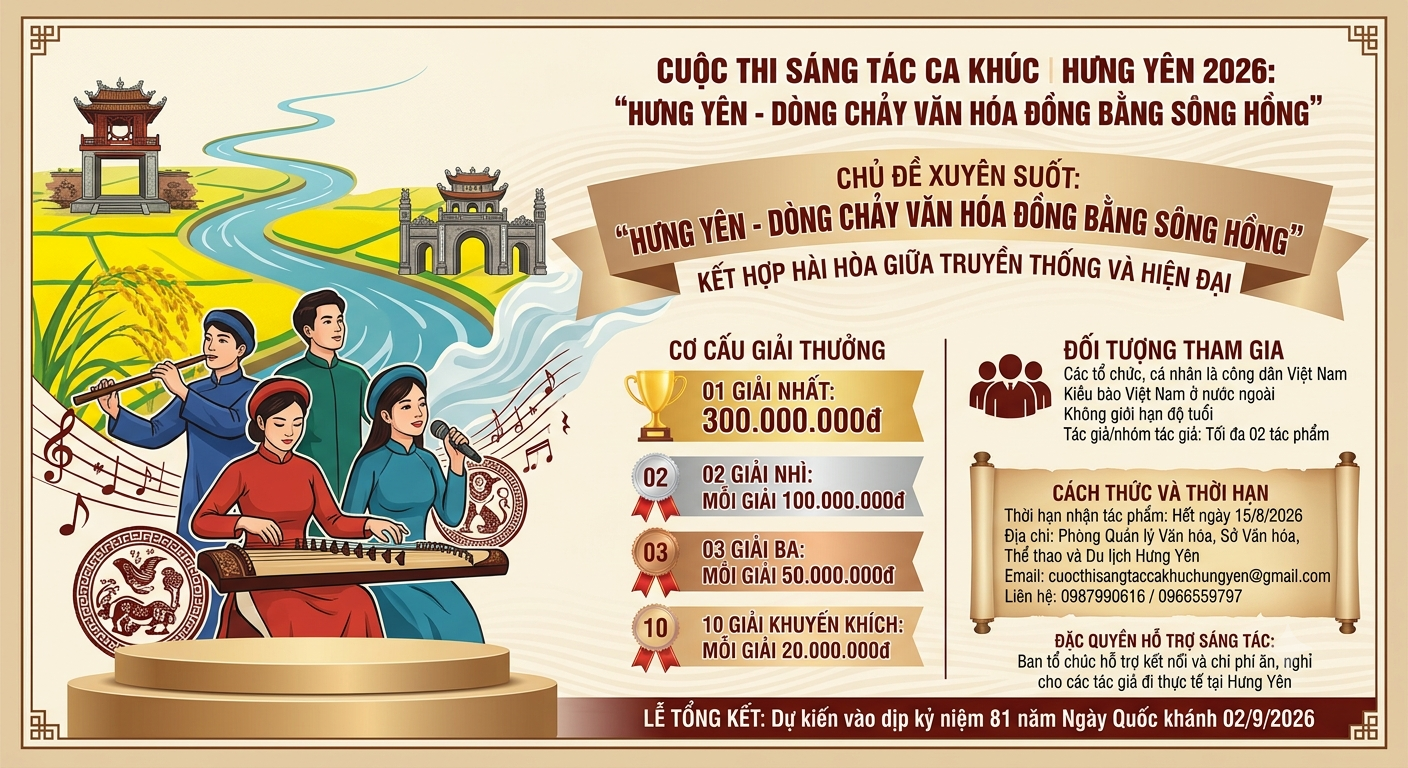 HƯNG YÊN PHÁT ĐỘNG CUỘC THI SÁNG TÁC CA KHÚC VỀ TỈNH HƯNG YÊN NĂM 2026